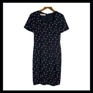 Vintage Maggie London Black Floral Dress Sheath Short Sleeve Lined Size M 90s
